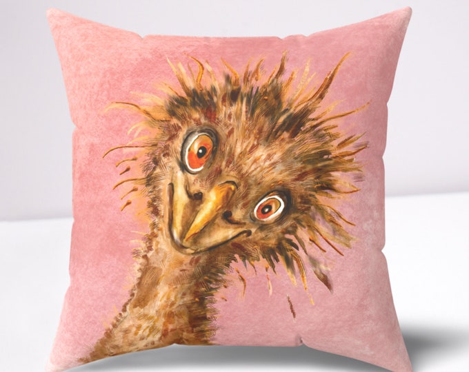Pink Pillow With an Ostrich, Throw Pillow For Couch, Whimsical Home Decor Cushion, Funny Gift For Her Birthday, Handpainted Design