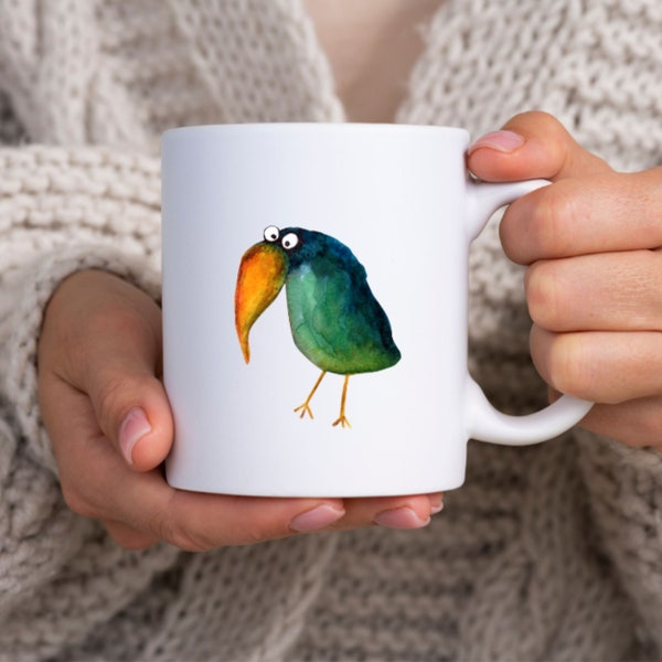 Funny Coffee Mug, Whimsical Bird Lover Teacup, Quirky Watercolor Art, Quirky Animal Lover Gift Idea, Handpainted Zippy Crow Latte Cup