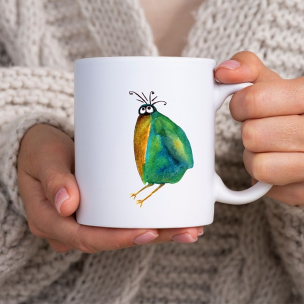 Funny Coffee Mug, Whimsical Bird Lover Teacup, Quirky Watercolor Art, Quirky Animal Lover Gift Idea, Handpainted Screech Crow Latte Cup