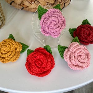 Handmade Crochet Rose Brooch – Red, Pink, Lilac, Mustard Yellow, Burgundy Flower Pin with Leaves – Floral Accessory Gift
