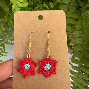 Crochet Red Flower Jewelry Set: Gold Colour Hooks, Bold Floral Gift
