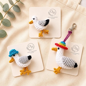 Crochet Brighton Seagull Keychain, Rainbow Hat Amigurumi Bird Bag Charm image 12