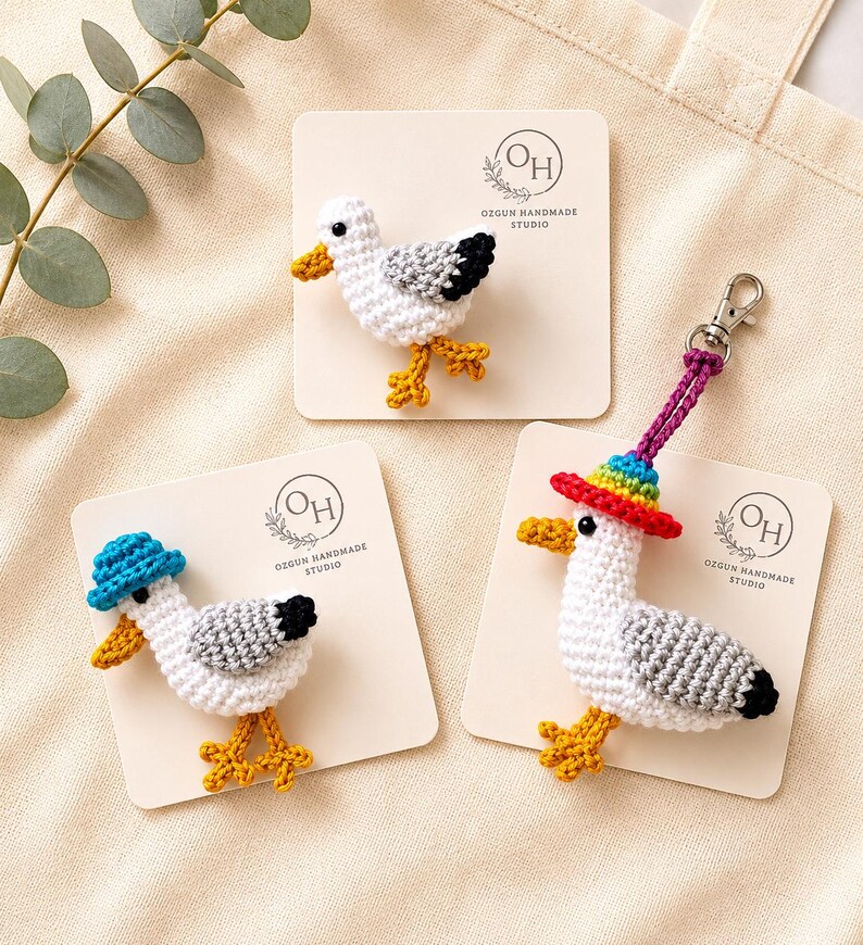 Crochet Brighton Seagull Keychain, Rainbow Hat Amigurumi Bird Bag Charm image 12