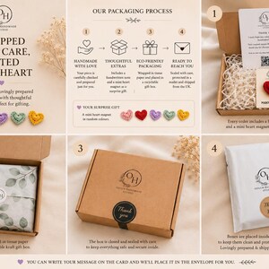 May include: An image showcasing the packaging process for handmade gifts. The process includes wrapping with tissue paper, placing in a gift box, and sealing in a secure mailer. The image also shows a handwritten note and a mini heart magnet as a surprise gift.