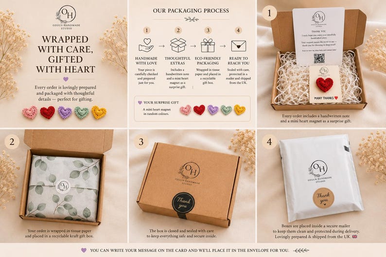 May include: An image showcasing the packaging process for handmade gifts. The process includes wrapping with tissue paper, placing in a gift box, and sealing in a secure mailer. The image also shows a handwritten note and a mini heart magnet as a surprise gift.