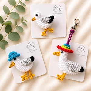 Crochet Brighton Seagull Keychain, Rainbow Hat Amigurumi Bird Bag Charm image 3