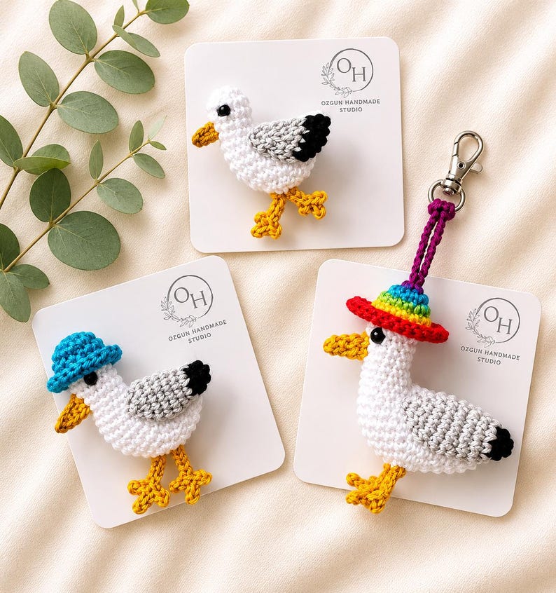 Crochet Brighton Seagull Keychain, Rainbow Hat Amigurumi Bird Bag Charm image 3