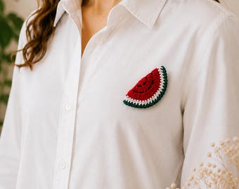 Handmade Crochet Watermelon Brooch, Cotton Summer Fruit Accessory, Cottagecore Style Pin