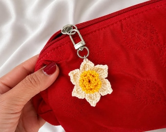 Crocheted Daffodil Zipper Charm, Handmade Flower Bag Accessory, Spring Floral Keychain Pull