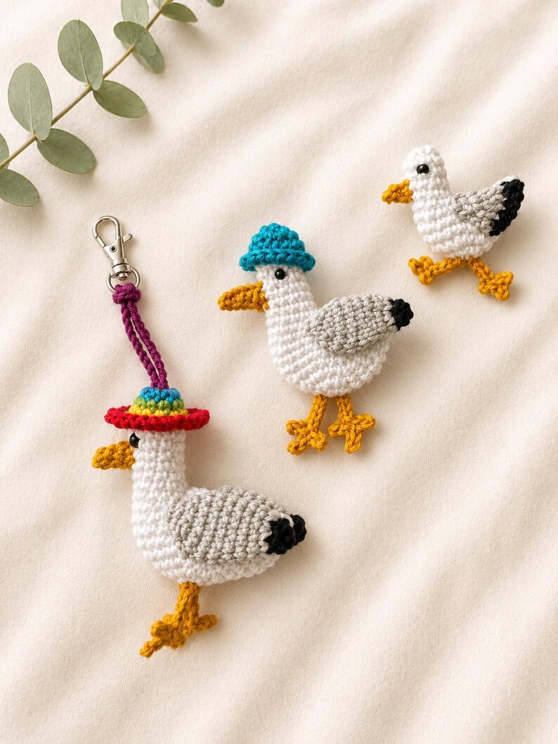 Crochet Brighton Seagull Keychain, Rainbow Hat Amigurumi Bird Bag Charm image 2