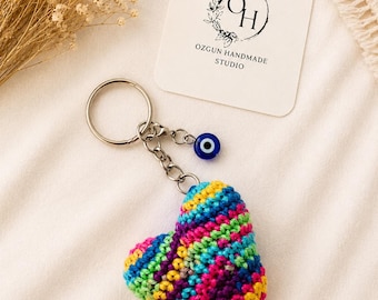Crochet Heart Keychain: Evil Eye Charm, Handmade Amigurumi Bag Charm