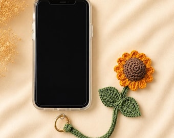Crocheted Sunflower Phone Charm, Handmade Flower Strap, Boho Summer Bag Accessory
