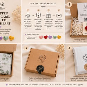 May include: Image detailing the packaging of handmade gifts. The process includes wrapping in tissue paper, placing in a gift box, and sealing in a secure mailer. A handwritten note and a mini heart magnet are included as a surprise gift. The text says "Wrapped with care, gifted with heart."