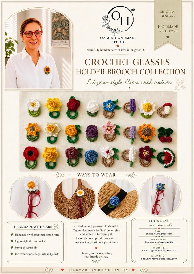 Crochet Cherry Glasses Holder Brooch, Handmade Eyeglass Pin Accessory, Mercerized Cotton Yarn image 6