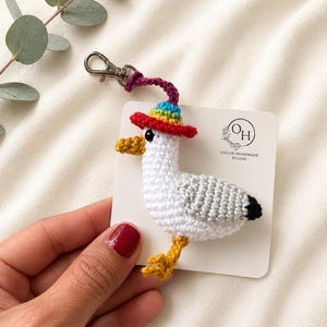Crochet Brighton Seagull Keychain, Rainbow Hat Amigurumi Bird Bag Charm image 1