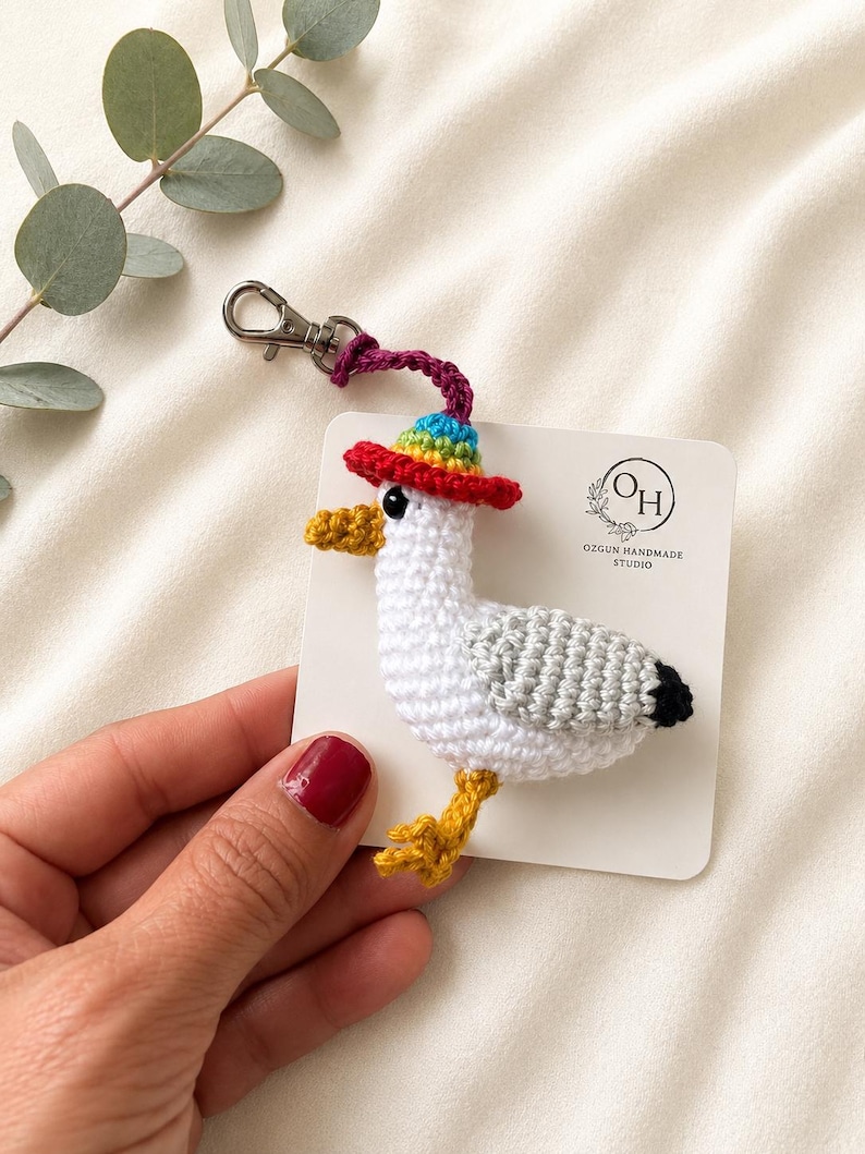 Crochet Brighton Seagull Keychain, Rainbow Hat Amigurumi Bird Bag Charm image 1