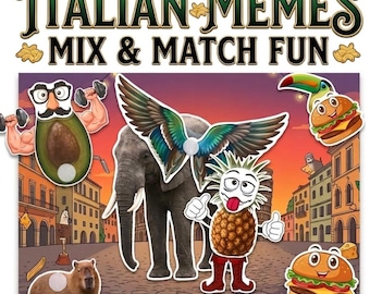 Funny Italy Meme Sticky Dots Game for Kids, Printable Toddler Busy Book Page, Educational PNG Activity, Crazy Animals and Food Match Mix