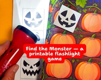 May include: A red torch held against a white paper sheet featuring black jack-o'-lantern face cutouts, next to a colourful pumpkin patch illustration with a square jack-o'-lantern sticker and the text Find the Monster.