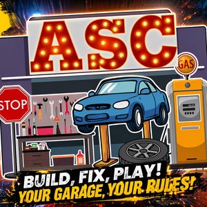 May include: A cartoon illustration of a garage scene with a blue car on a lift, a gas pump, and tools. The sign above reads "ASC" in red illuminated letters. Text includes "48 PIECES", "1 GARAGE PLAY BOARD", and "BUILD, FIX, PLAY! YOUR GARAGE, YOUR RULES!"