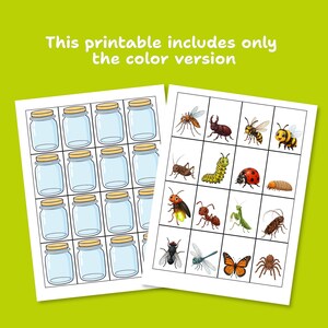 May include: A printable activity sheet featuring a grid of empty glass jars with yellow lids and a second grid containing colourful illustrations of various insects, including a butterfly, ladybug, bee, ant, and spider, with the text This printable includes only the colour version.