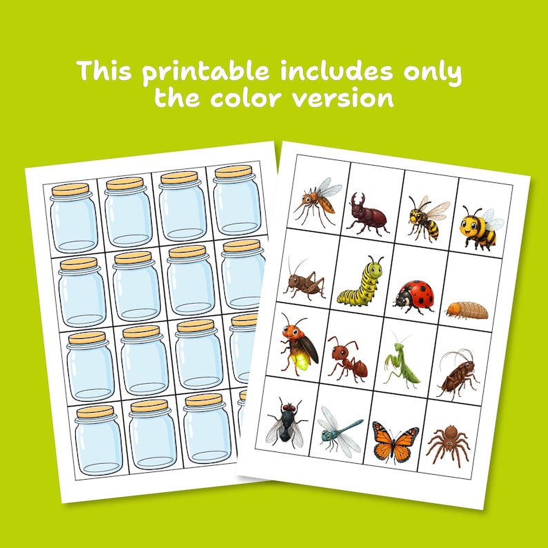 May include: A printable activity sheet featuring a grid of empty glass jars with yellow lids and a second grid containing colourful illustrations of various insects, including a butterfly, ladybug, bee, ant, and spider, with the text This printable includes only the colour version.