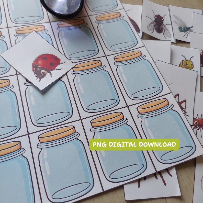 May include: A grid of illustrated light blue glass jars with yellow lids, featuring a ladybug card placed on top and various insect cards scattered to the side. A green rectangular label displays the text PNG DIGITAL DOWNLOAD.