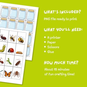 May include: A printable digital file featuring a grid of empty glass jars with yellow lids and a second grid containing various insect illustrations including a bee, ladybug, butterfly, spider, and caterpillar on a bright green background.