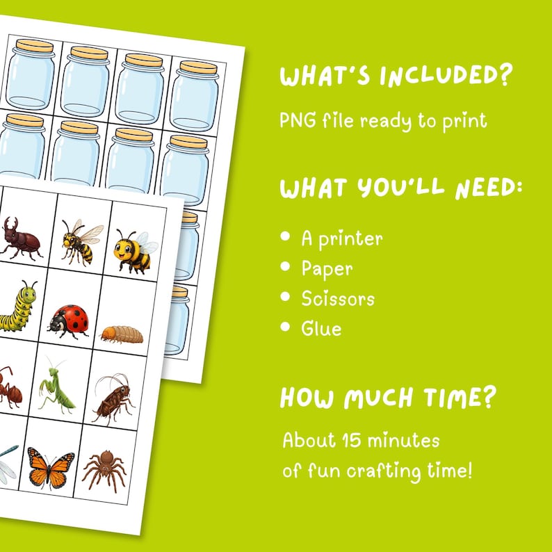 May include: A printable digital file featuring a grid of empty glass jars with yellow lids and a second grid containing various insect illustrations including a bee, ladybug, butterfly, spider, and caterpillar on a bright green background.