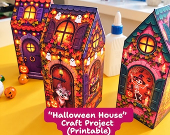 Utskrivbart Halloweenhuspyssel DIY Pappersby Halloweenaktivitet