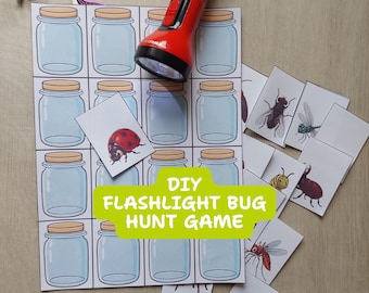 May include: A DIY flashlight bug hunt game set featuring a printed sheet of empty glass jars with tan lids, a red flashlight, and several small cards depicting various insects like a ladybug, fly, bee, and beetle for a matching activity.