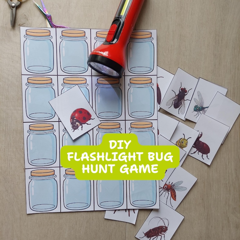 May include: A DIY flashlight bug hunt game set featuring a printed sheet of empty glass jars with tan lids, a red flashlight, and several small cards depicting various insects like a ladybug, fly, bee, and beetle for a matching activity.