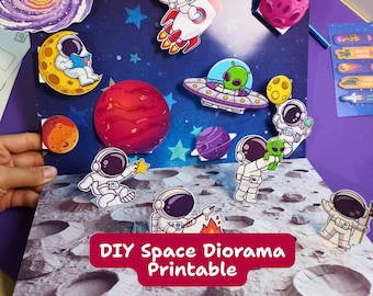 Gör-det-själv rymddiorama utskrivbart, 3D-astronautscenpyssel för barn, låtsaslek med yttre rymden och målarbilder