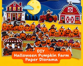 DIY Halloween Pumpagård Pappersdiorama, aktivitetsbok, tystnadsaktivitet, pedagogiska utskrivbara material, låtsaslek för barn