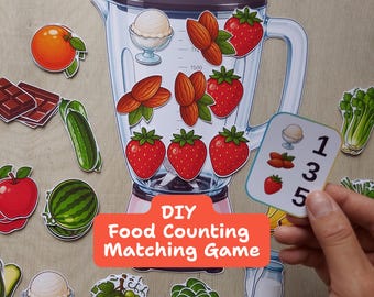 Gör-det-själv-maträkningsmatchningsspel, förskolemattespel för tidigt bruk, tystnadsaktivitet, pedagogiskt utskrivbart spel