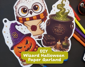 May include: Three die-cut paper shapes for a DIY Wizard Halloween Paper Garland. One shape features a white owl with glasses holding an envelope, another a pumpkin with a purple hat, and the third a black cauldron with green smoke and text MAGIC.