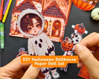 Utskrivbart Halloween-pappersdockeset i PNG-format, DIY-bok med läskigt dockhus, pysselaktivitet med klädpojke och dockor