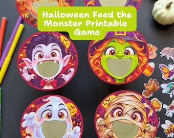 Halloween Mata Monstret Utskrivbart Spel, Monstermatningsaktivitet, Finmotorik Låtsaslek Digital Nedladdning