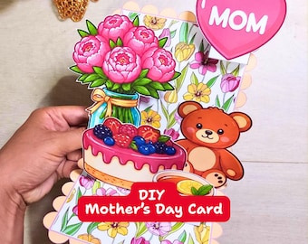 Mors dag DIY popup-kort utskrivbara, interaktiv mammapresent-pysselaktivitet