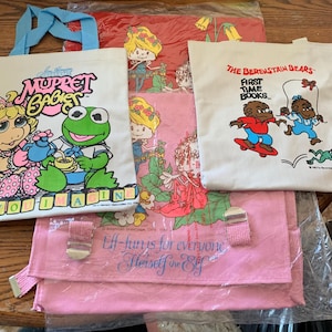 Vintage Lot of 4 1980’s Cotton Kids 2 Backpacks and 2 Tote Bags Never Used Book Bags