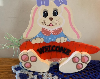 Vintage Hand Painted Wood WELCOMETabletop or House Easter Bunny Figurine