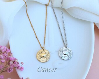 Cancer Zodiac Necklace: Silver Gold Coin, Personalized Birthday Gift