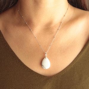 White Howlite Pendant Necklace, 925 Sterling Silver Necklace, Drop Pendant Silver Necklace, White Pendant, Necklace gift, Birthstone Gift