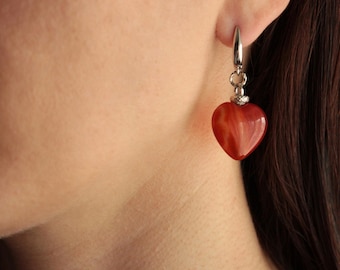 Carnelian Heart Earrings, Red Agate Earrings, Dainty Heart Carnelian, Carnelian Heart, Carnelian Earrings