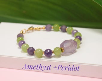 Amethyst and Peridot Bracelet: Raw Gemstone Bead, Stainless Steel