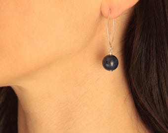Örhängen i sterlingsilver med lapis lazuli, hängande ädelstensörhängen, 925 krokörhängen, present till kvinnor