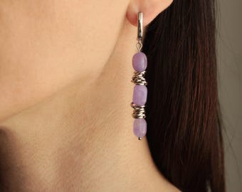 Lavender Chalcedony Dangle Earrings: 18k Gold Plated or Rhodium Plated Brass