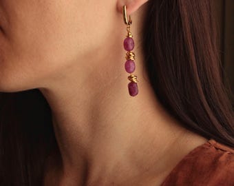 Hot Pink Chalcedony 18k Gold Dangle Earrings, Bracelet, with 18k Gold Plated or Rhodium Plated