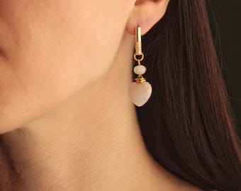 Rose Quartz Heart Dangle Earrings: 18k Gold Plated