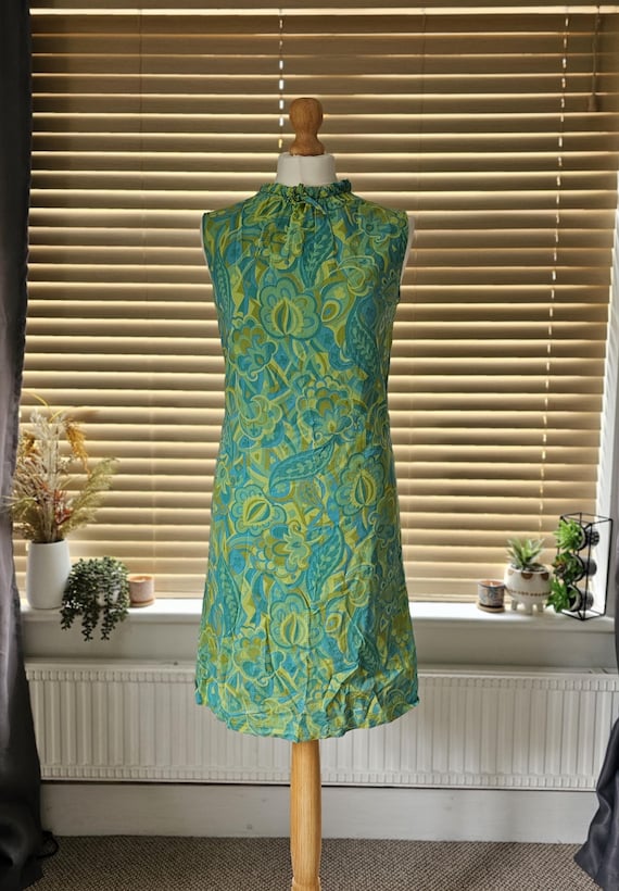 Marks & Spencer, Vintage 60s St Michael Shift Dress Psychedelic Paisley Blue Green Mod Mini Size 10-12