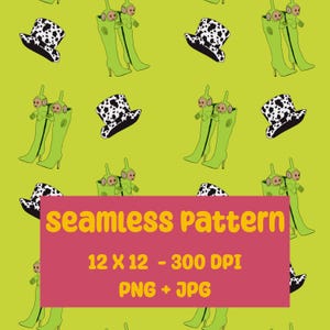 Pode incluir: Um padrão sem costura com botas verdes com antenas e chapéus de estampa de vaca em um fundo verde limão. O texto "seamless pattern", "12 x 12 - 300 DPI" e "PNG + JPG" é exibido em um retângulo rosa.